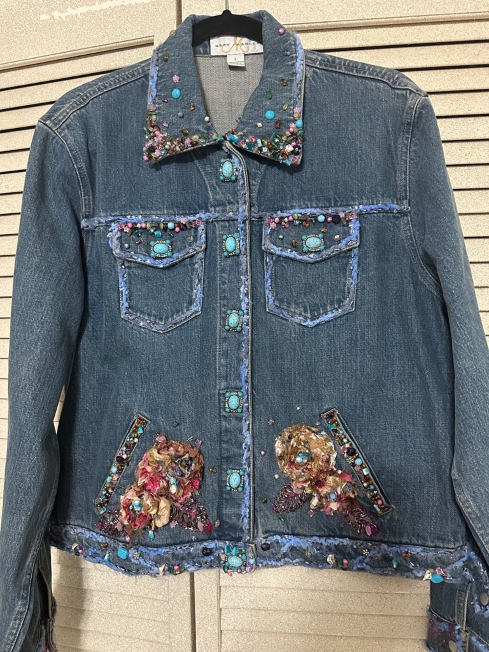 Mary Frances Blue Denim Jacket with Turquoise and Multicolor Embellishments - Picture 12 of 13